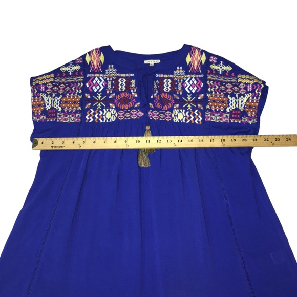 JODIFL Blue Embroidered Multicolor Lightweight Rayon Oversize Top Women’s Small - Picture 2 of 11
